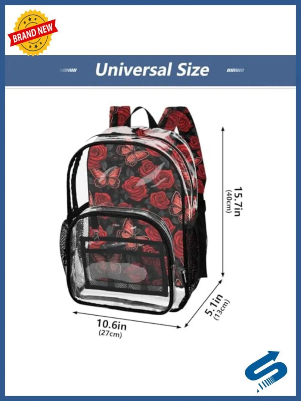 Clear PVC Backpack with Rose and Butterfly Design, Transparent Daypack for